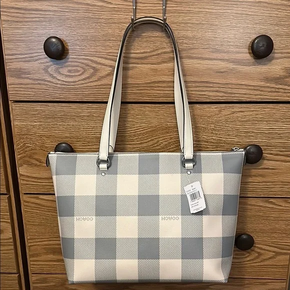 Coach Gray and Cream Checkered Tote - Picture 2 of 6